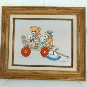 Teddy Bears in Wagon Rocking Horse C. Carson Framed Oil Painting Wall Art Kids